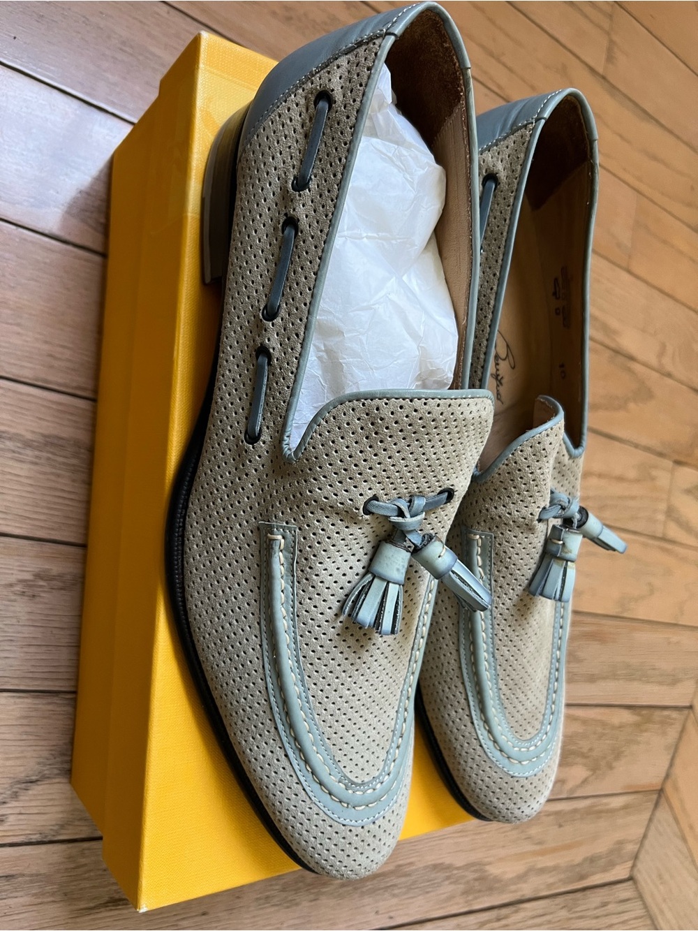 Men's Perforated Tassel Loafers in Beige and Light Blue